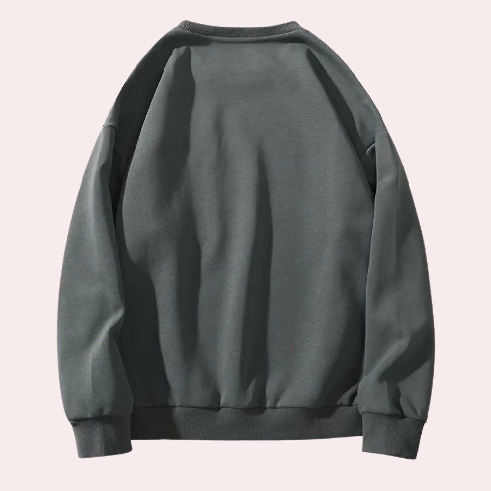 Donkergrijze unisex sweatshirt, achterkant, minimalistisch ontwerp, casual mode, comfortabele pasvorm, lange mouwen, katoenen stof.