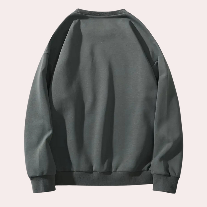 Donkergrijze unisex sweatshirt, achterkant, minimalistisch ontwerp, casual mode, comfortabele pasvorm, lange mouwen, katoenen stof.