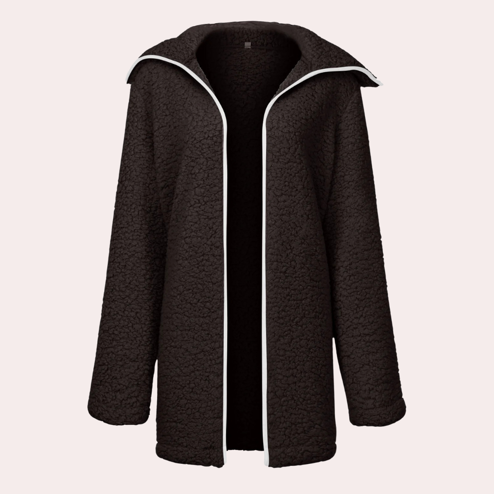Zwarte fleece jas met witte bies, open voorkant, lange mouwen. Perfect voor wintermode, dameskleding, warme en stijlvolle buitenkleding.