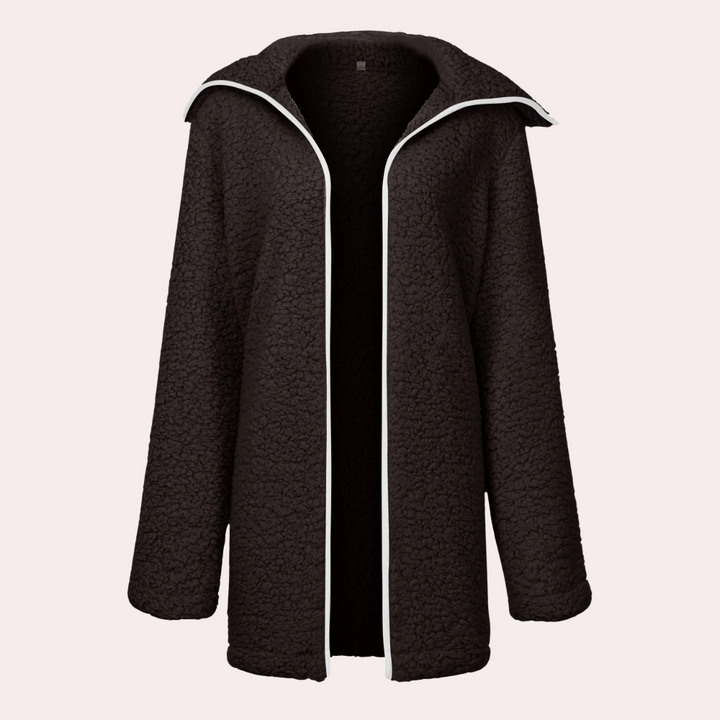 Zwarte fleece jas met witte bies, open voorkant, lange mouwen. Perfect voor wintermode, dameskleding, warme en stijlvolle buitenkleding.