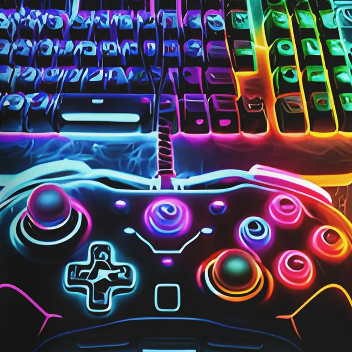 Neon verlichte gamingcontroller en toetsenbord, kleurrijke RGB-verlichting, gamingaccessoires, technologie, moderne game-setup, futuristisch ontwerp.