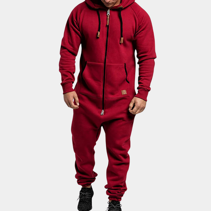 Rode heren joggingpak met capuchon, ritssluiting en zakken, comfortabele sportkleding, ideaal voor casual en sportieve activiteiten.