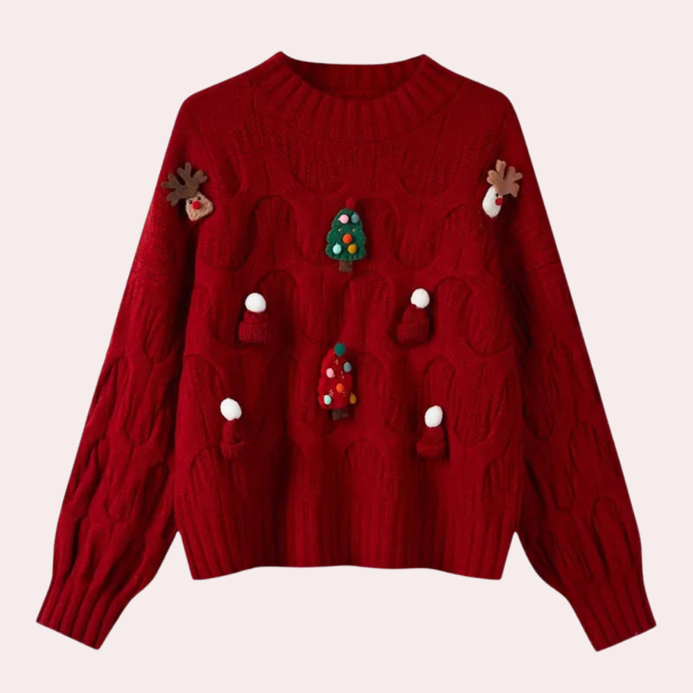 Rode kersttrui met gebreide rendieren, kerstbomen en sneeuwpoppen, ideaal voor feestdagen, wintermode, warme kleding, unisex design.