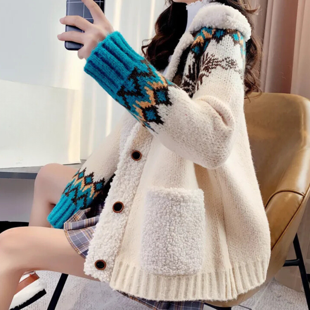 Vrouw in beige gebreid vest met blauwe en bruine patronen, zittend op stoel, houdt smartphone vast. Wintermode, comfortabele kleding, trendy design.