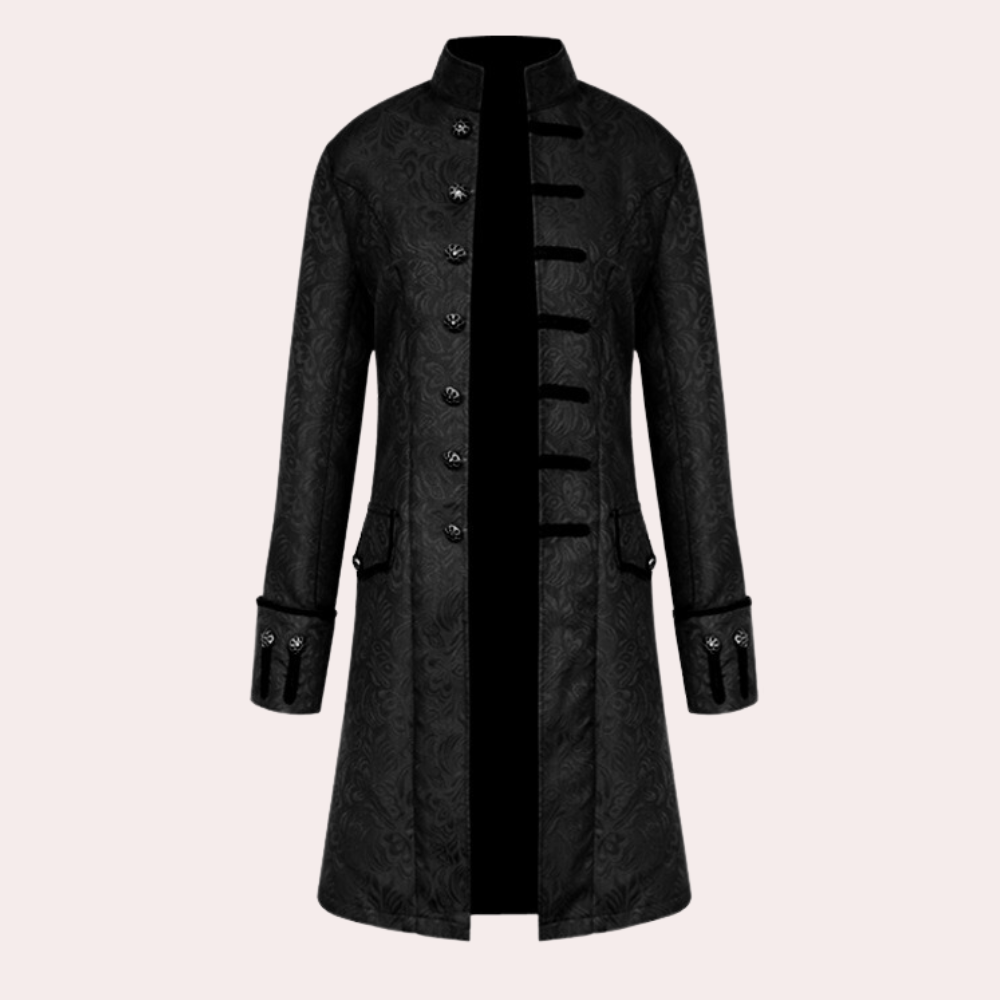 Lang zwart herenjasje met knopen, ridderstijl, elegant patroon, hoge kraag. Perfect voor formele gelegenheden en historische evenementen.
