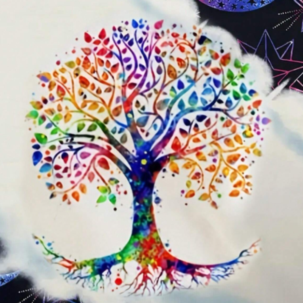 Kleurrijke levensboom illustratie met regenboog bladeren en wortels, symboliseert groei en verbinding. Perfect voor spirituele en decoratieve kunst.