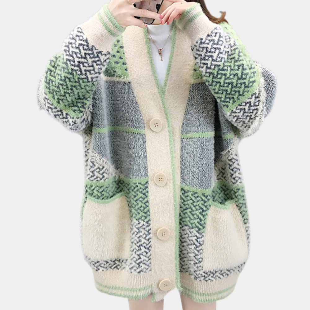 Dames oversized gebreid vest met knopen, groen en beige patchwork design, lange mouwen, zakken, wintermode, comfortabele warme kleding.
