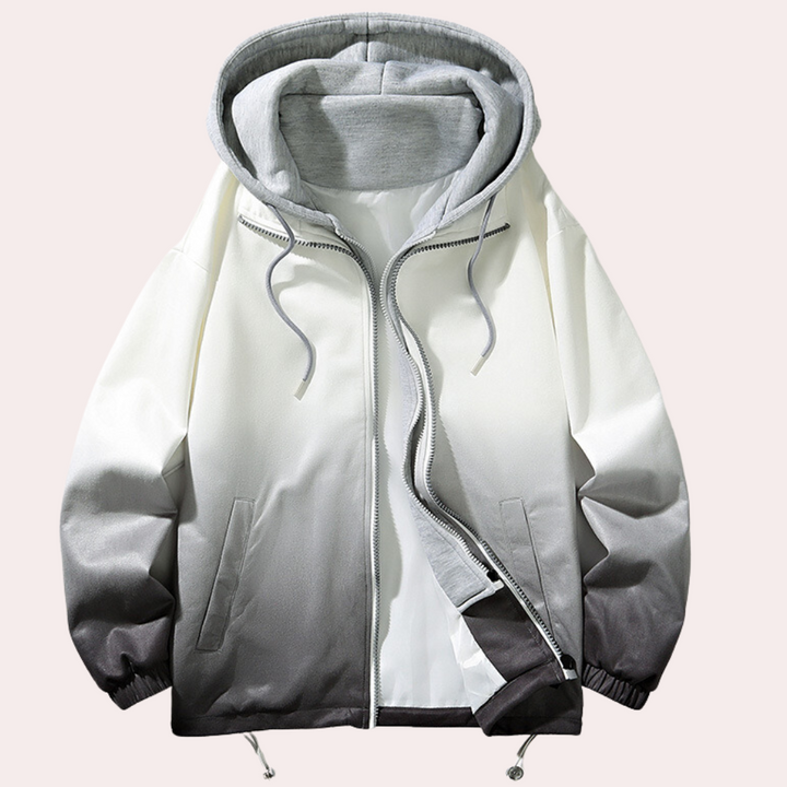 Grijs-witte ombre hoodie met rits, verstelbare capuchon en zakken. Trendy unisex jas, ideaal voor casual streetwear en herfstmode.