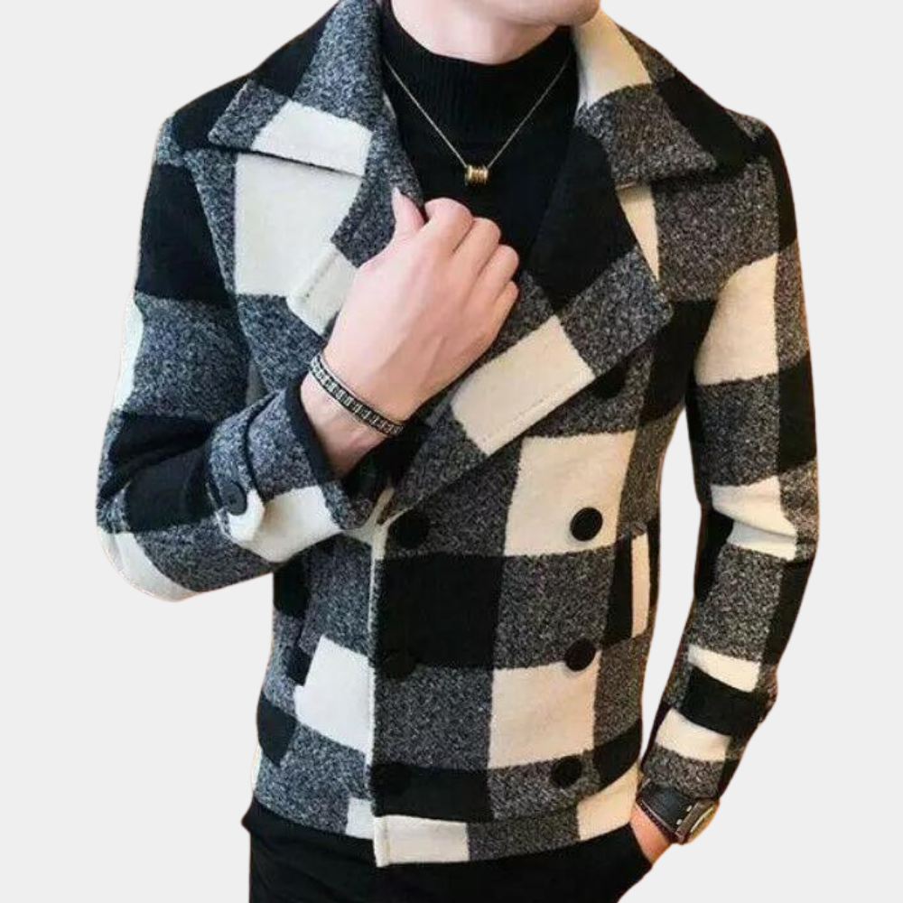 Zwart-wit geruite wollen jas voor heren, dubbele rij knopen, modieuze winterkleding, stijlvolle herenjassen, warme en trendy bovenkleding.