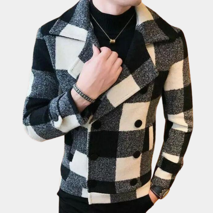 Zwart-wit geruite wollen jas voor heren, dubbele rij knopen, modieuze winterkleding, stijlvolle herenjassen, warme en trendy bovenkleding.