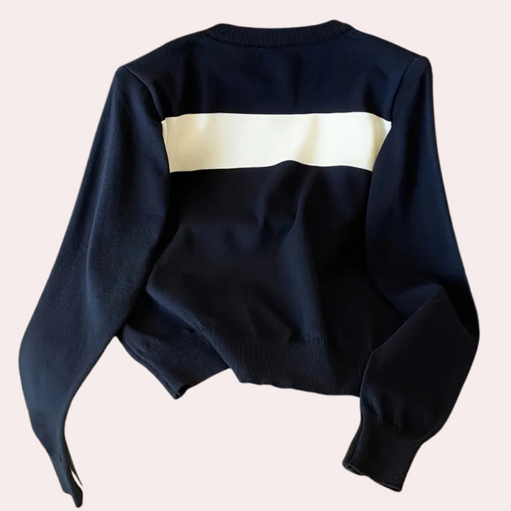 Donkerblauwe trui met witte horizontale streep, lange mouwen en ronde hals. Modieuze dameskleding, casual stijl, comfortabele pasvorm.