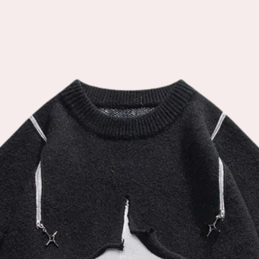 Zwarte trui met ronde hals, unieke ritssluitingen en stervormige hangers, trendy streetwear mode, herenkleding, casual stijl.