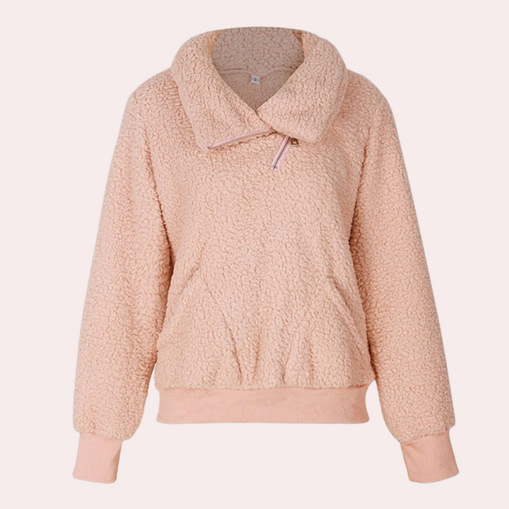 Beige fleece trui met kraag, damesmode, warme winterkleding, comfortabele en stijlvolle sweater, trendy dameskleding, casual outfit.
