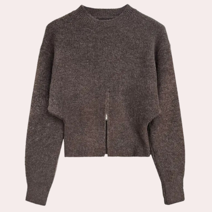 Bruine wollen damestrui met ritssluiting, lange mouwen en ronde hals. Perfect voor herfstmode en casual winteroutfits. Comfortabel en stijlvol.