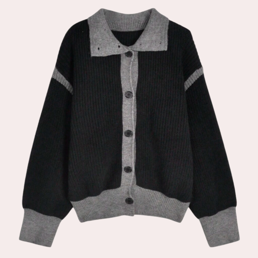 Zwarte en grijze gebreide cardigan met knopen, lange mouwen en contrasterende kraag. Stijlvolle damesmode, herfstkleding, warme trui.