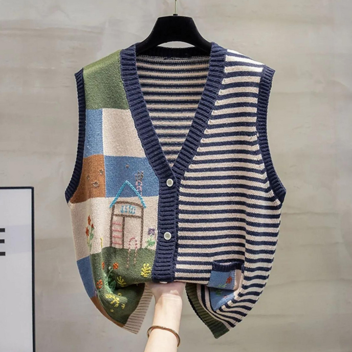 Vintage gebreid vest met strepen en patchwork design, kleurrijk en uniek, perfect voor herfstmode. Handgemaakt, unisex, boho stijl.
