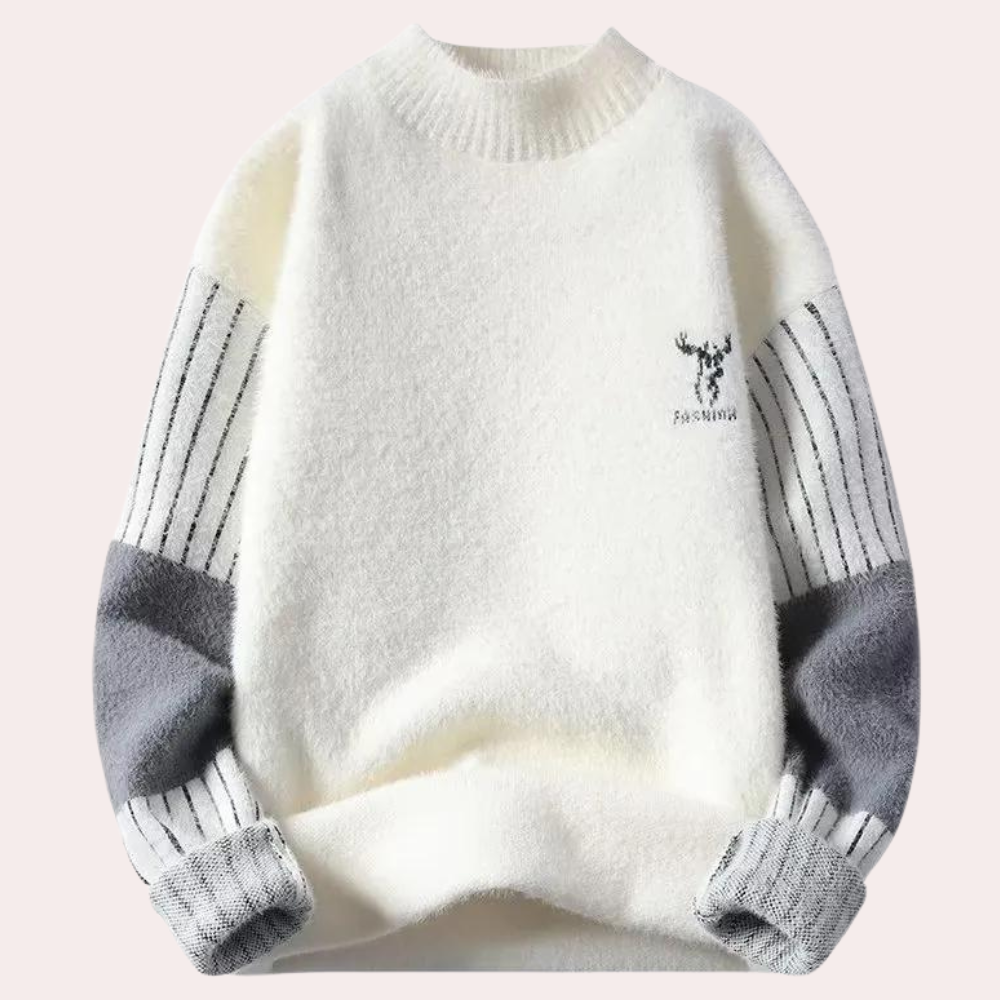Witte trui met grijze gestreepte mouwen en hertendetail, gebreid ontwerp, uniseks wintermode, comfortabele en warme kleding, casual stijl.