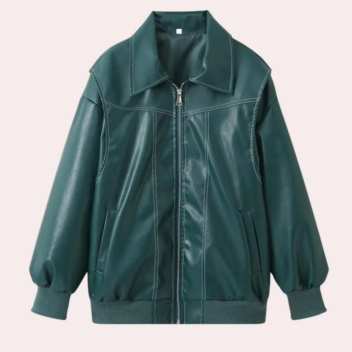 Groene leren jas met ritssluiting, opstaande kraag en elastische manchetten. Stijlvolle damesjas, perfect voor herfstmode en casual outfits.