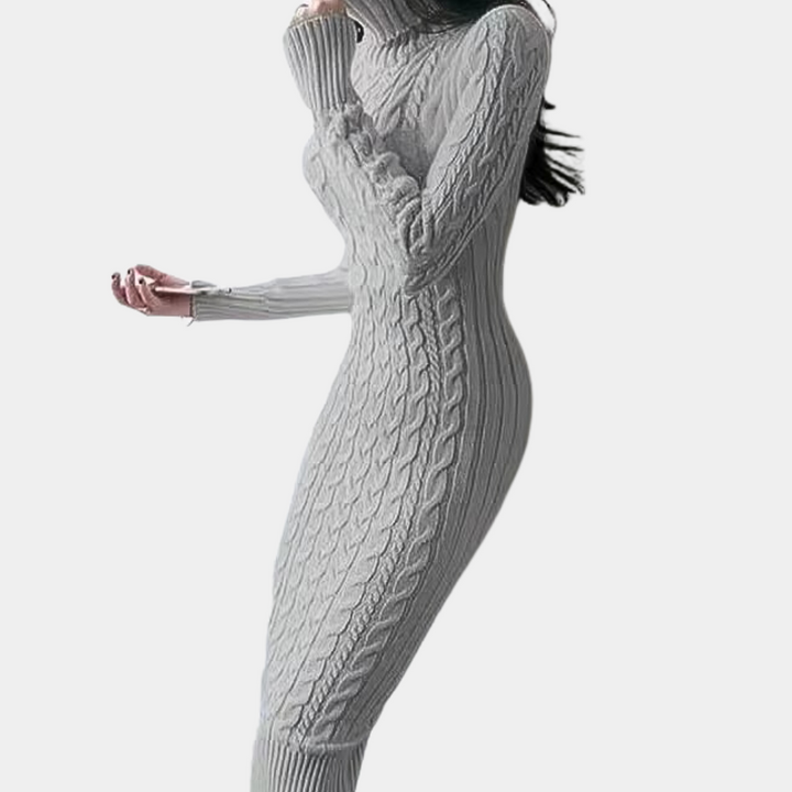 Grijze gebreide jurk voor dames, nauwsluitend ontwerp, lange mouwen, kabelpatroon, wintermode, elegant en stijlvol, casual chique outfit.