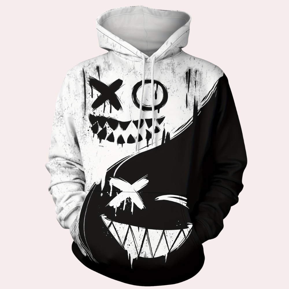Zwart-witte hoodie met abstracte lachende gezichten, streetwear stijl, unisex mode, grafisch ontwerp, comfortabele katoenen stof.