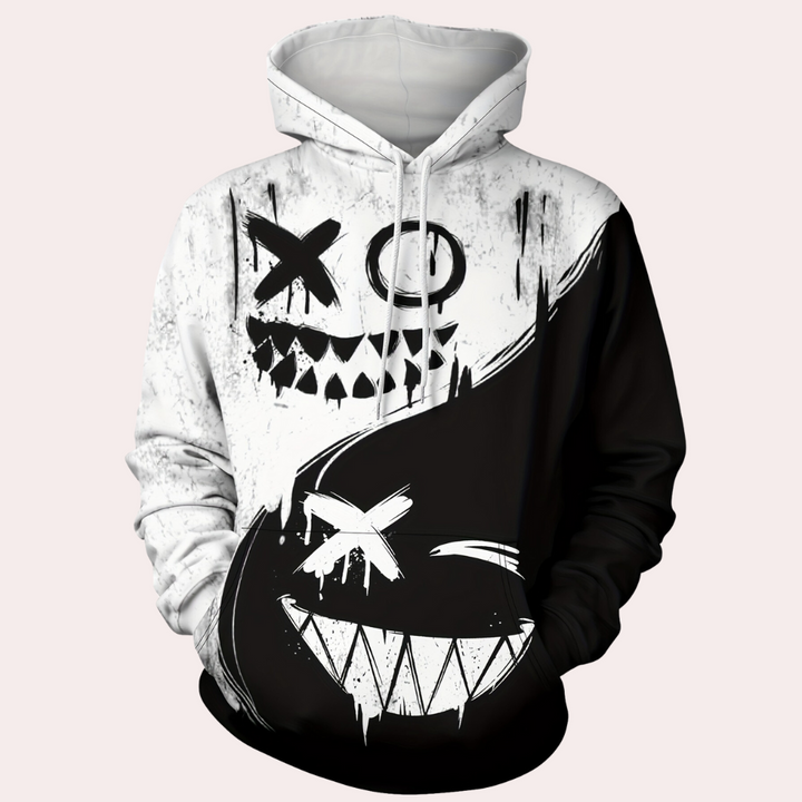 Zwart-witte hoodie met abstracte lachende gezichten, streetwear stijl, unisex mode, grafisch ontwerp, comfortabele katoenen stof.