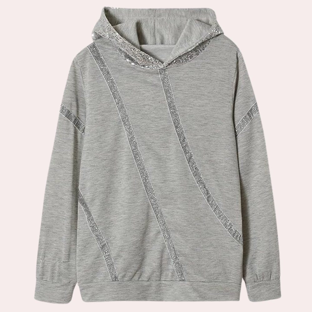 Grijze dameshoodie met capuchon, versierd met glinsterende paillettenstrepen. Comfortabele en stijlvolle trui voor casual en modieuze outfits.