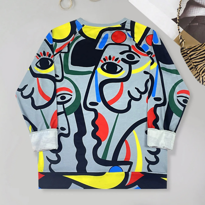 Abstracte trui met kleurrijk Picasso-geïnspireerd gezichtspatroon, unisex design, moderne kunstmode, lange mouwen, casual stijl.