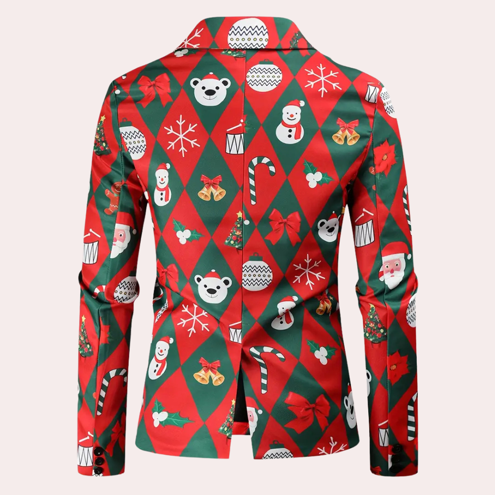 Kerstblazer met rood-groen ruitpatroon, versierd met sneeuwpoppen, kerstbomen, ijsberen en kerstklokken. Perfect voor feestelijke gelegenheden.