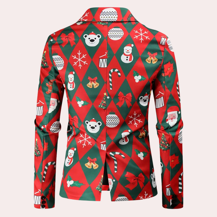 Kerstblazer met rood-groen ruitpatroon, versierd met sneeuwpoppen, kerstbomen, ijsberen en kerstklokken. Perfect voor feestelijke gelegenheden.