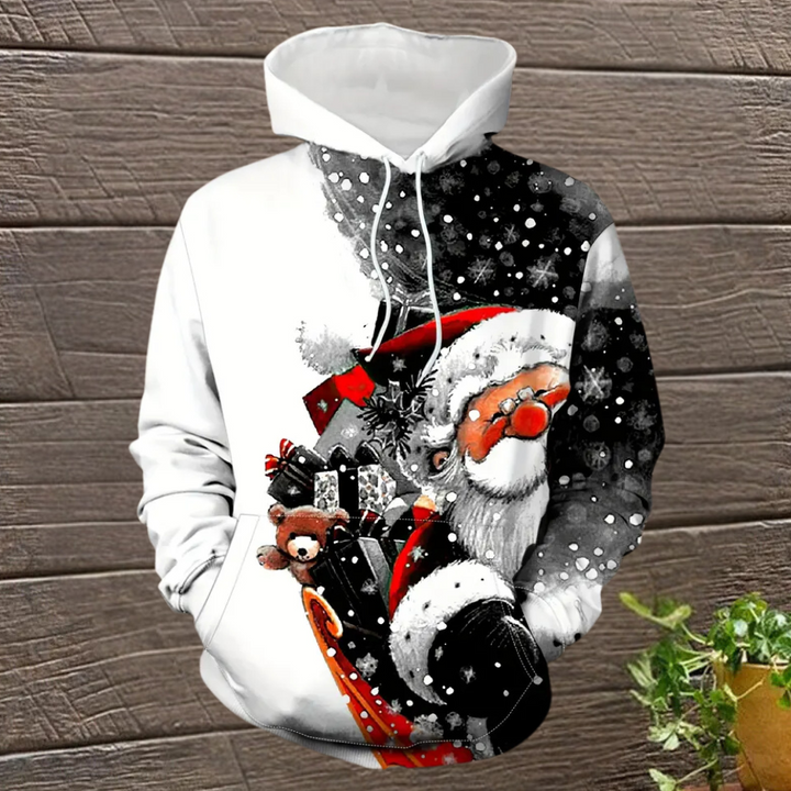 Witte kersttrui met kerstmanprint, cadeaus en sneeuwvlokken, perfect voor feestdagen. Comfortabele hoodie voor winterse gezelligheid.