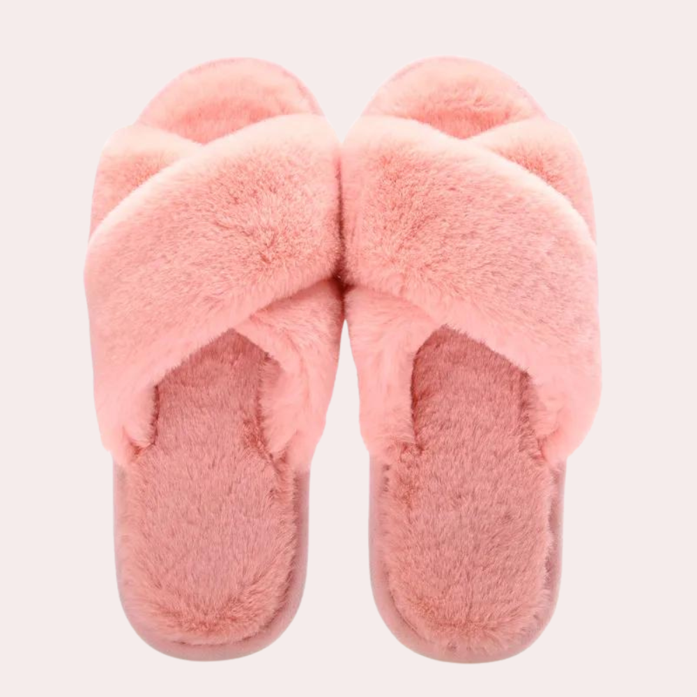Roze pluche slippers met gekruiste bandjes, comfortabele damespantoffels, zachte huispantoffels, trendy en warm voor binnengebruik.