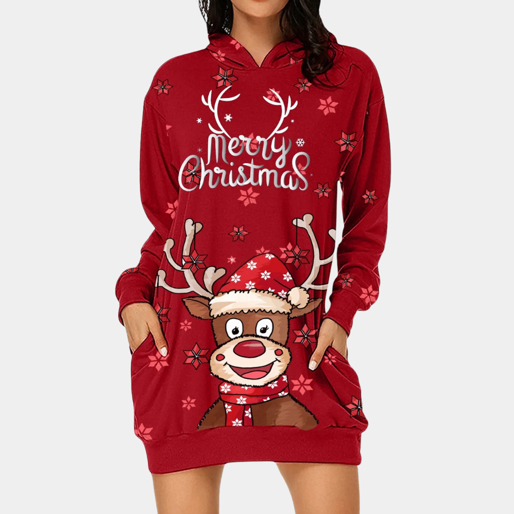 Rode kersttrui jurk met rendierprint, capuchon en zakken. Perfect voor feestdagen, comfortabele en stijlvolle kerstmode voor dames.