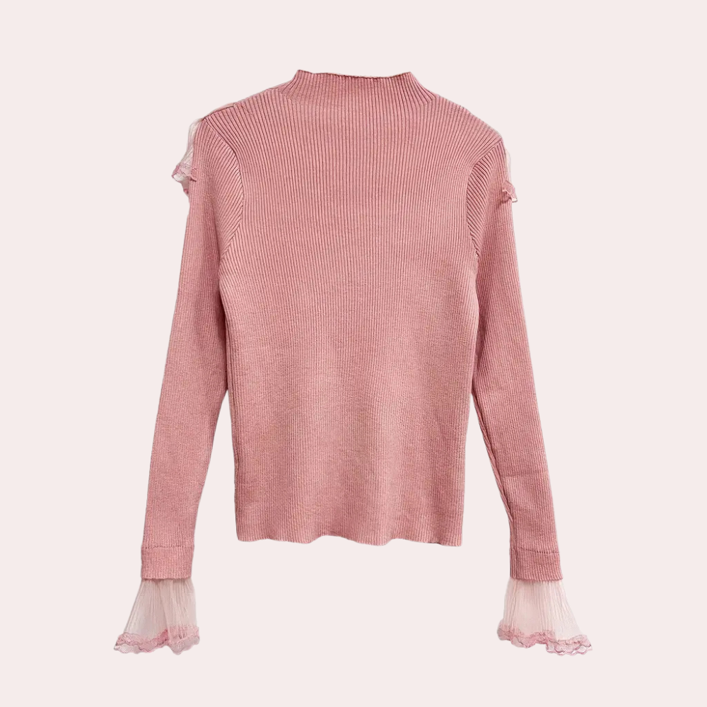 Roze geribbelde trui met lange mouwen en kanten details, modieuze dameskleding, trendy herfst- en wintermode, elegante stijl.