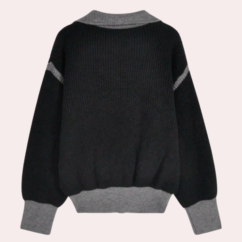 Zwarte gebreide trui met grijze boorden en strepen, lange mouwen, casual stijl, unisex, comfortabele pasvorm, herfst- en wintermode.