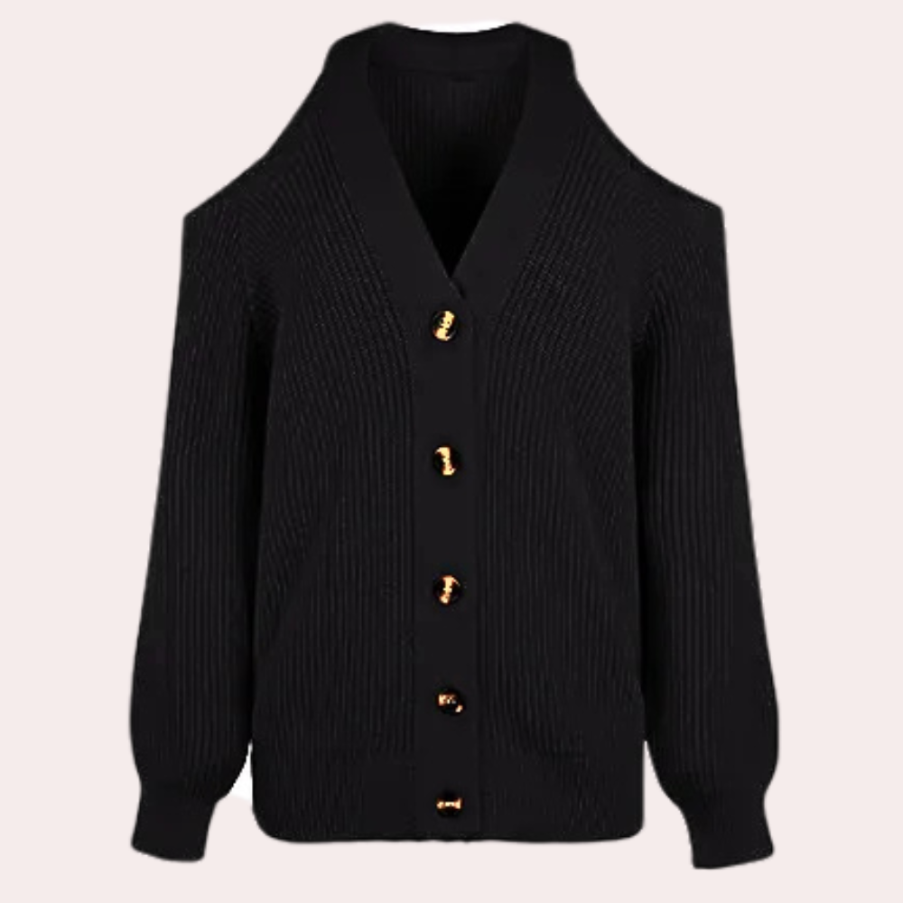Zwarte damestrui met open schouders en gouden knopen, stijlvolle gebreide cardigan, modieuze herfstkleding, elegant en veelzijdig ontwerp.