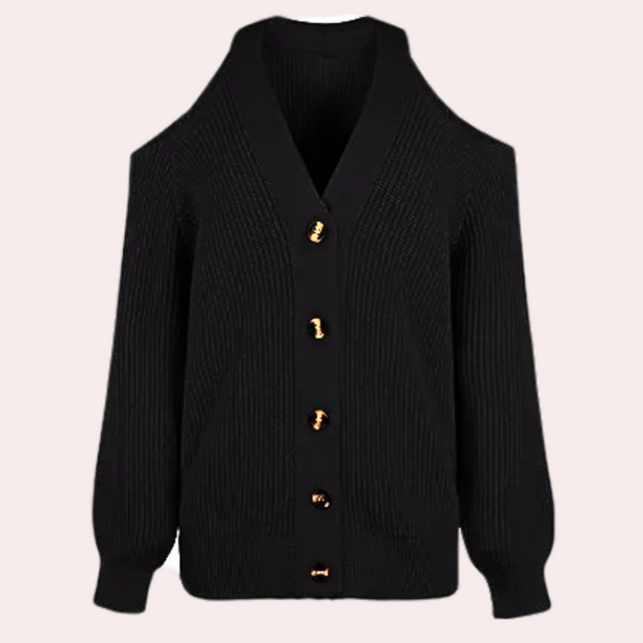 Zwarte damestrui met open schouders en gouden knopen, stijlvolle gebreide cardigan, modieuze herfstkleding, elegant en veelzijdig ontwerp.