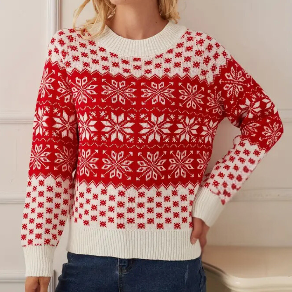 Rode en witte kersttrui met sneeuwvlokpatroon, damesmode, winterkleding, gebreide trui, feestelijke outfit, casual stijl.