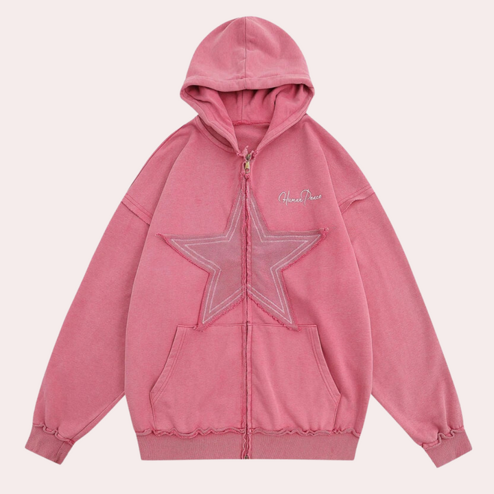 Roze hoodie met capuchon, sterapplicatie en ritssluiting. Comfortabele streetwear, unisex design. Perfect voor casual outfits en modieuze looks.