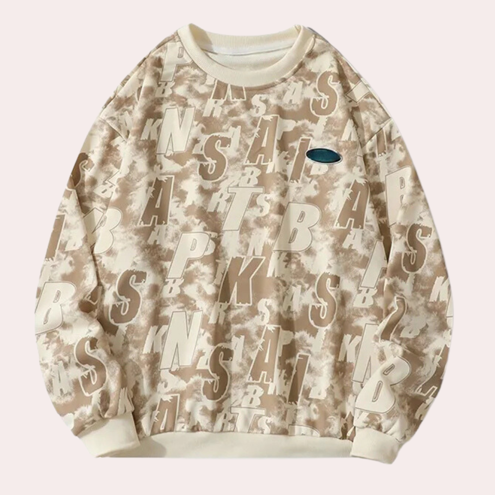 Beige oversized sweatshirt met abstracte letters en blauw logo, unisex streetwear, comfortabele katoenen trui, trendy mode, casual outfit.