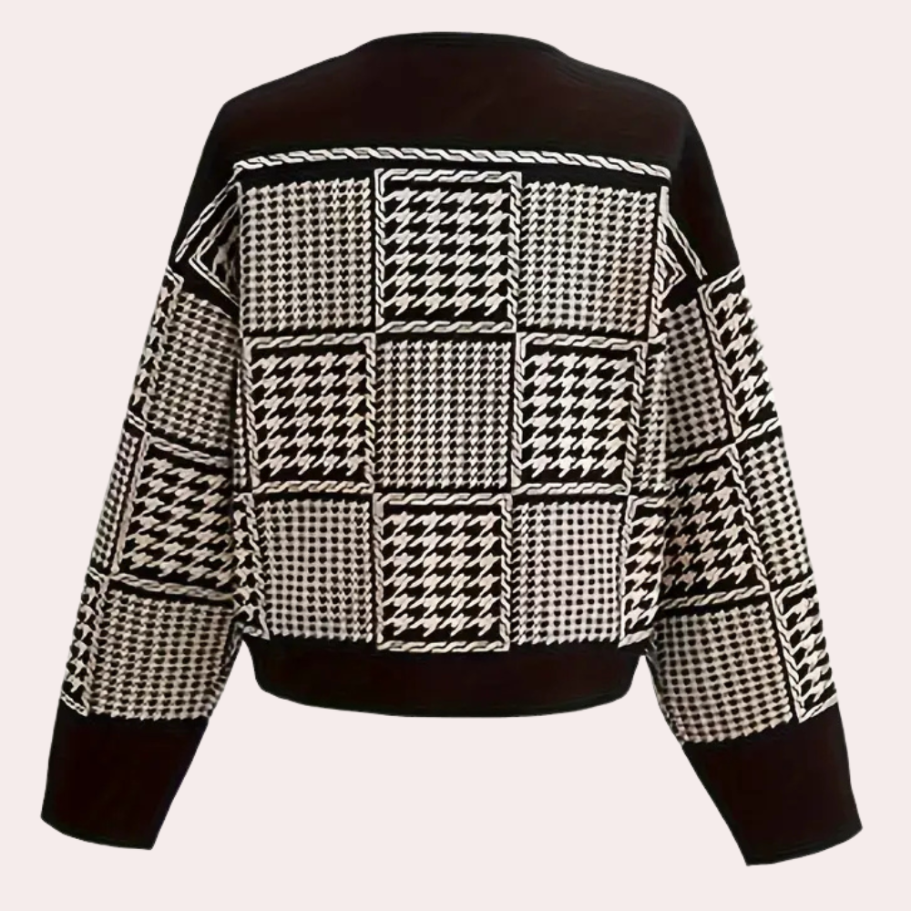 Zwart-witte pied-de-poule trui, damesmode, herfst-winter collectie, stijlvolle gebreide kleding, trendy patroon, comfortabele pasvorm.