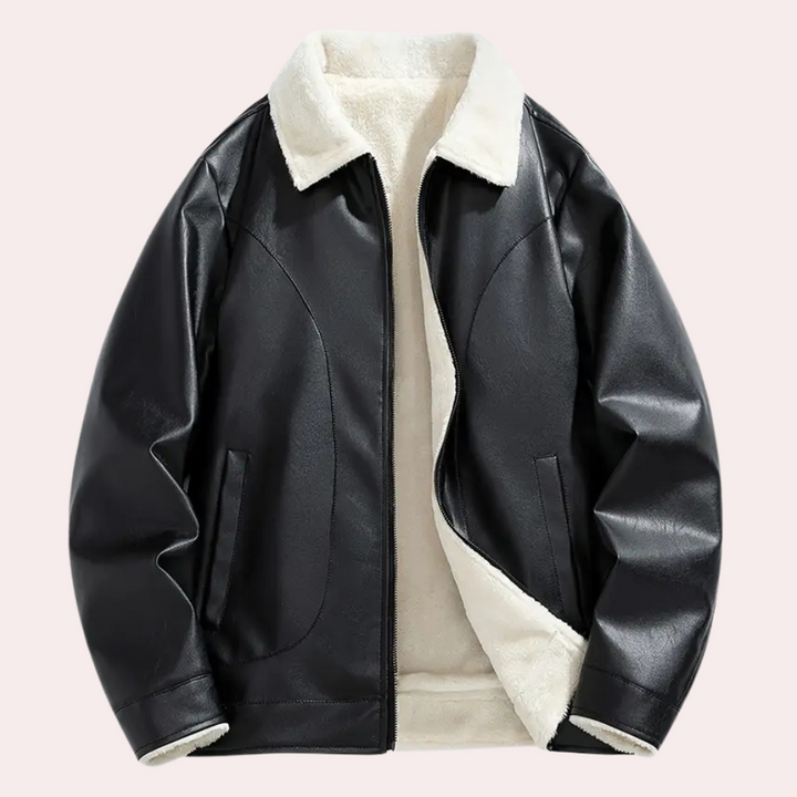 Zwarte leren jas met witte fleece voering, stijlvolle winterjas voor heren, warme en modieuze kleding, perfecte keuze voor koude seizoenen.