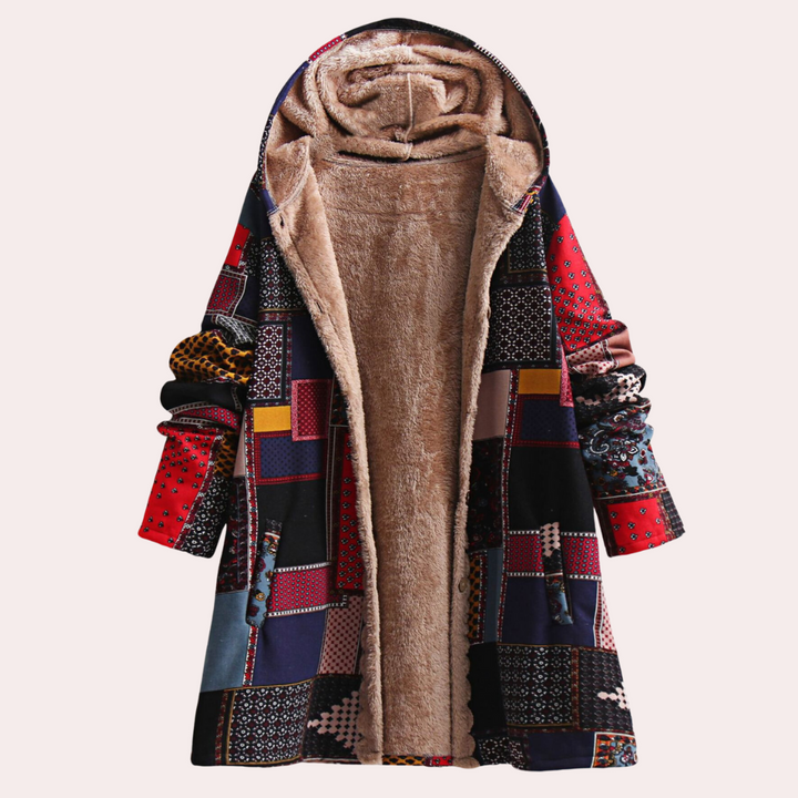 Patchwork damesjas met capuchon, kleurrijk design, warme fleece voering, boho-stijl, wintermode, comfortabele en stijlvolle buitenkleding.