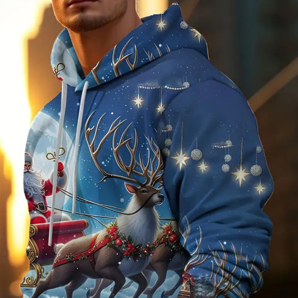 Blauwe kersttrui met rendier- en kerstmanprint, sneeuwvlokken en sterren, ideaal voor feestdagen, wintermode en kerstcadeaus.