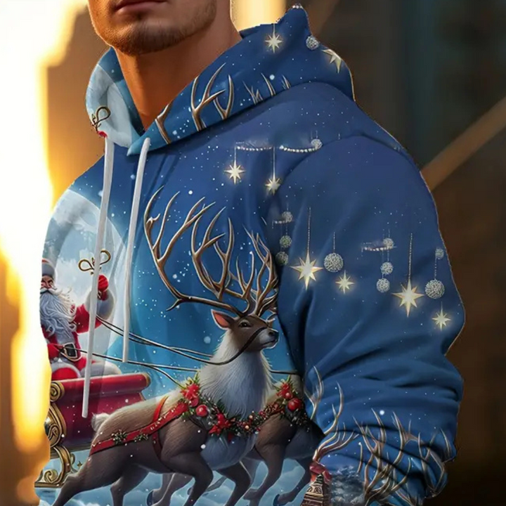 Blauwe kersttrui met rendier- en kerstmanprint, sneeuwvlokken en sterren, ideaal voor feestdagen, wintermode en kerstcadeaus.