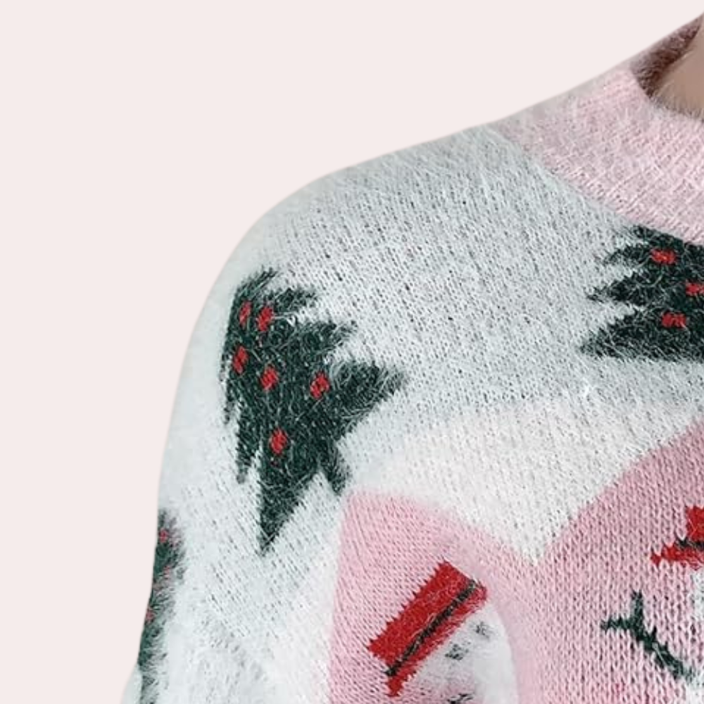 Kersttrui met kerstboom- en cadeaumotief, gebreid in rood, groen en wit. Perfect voor feestdagen, wintermode, warme kleding.
