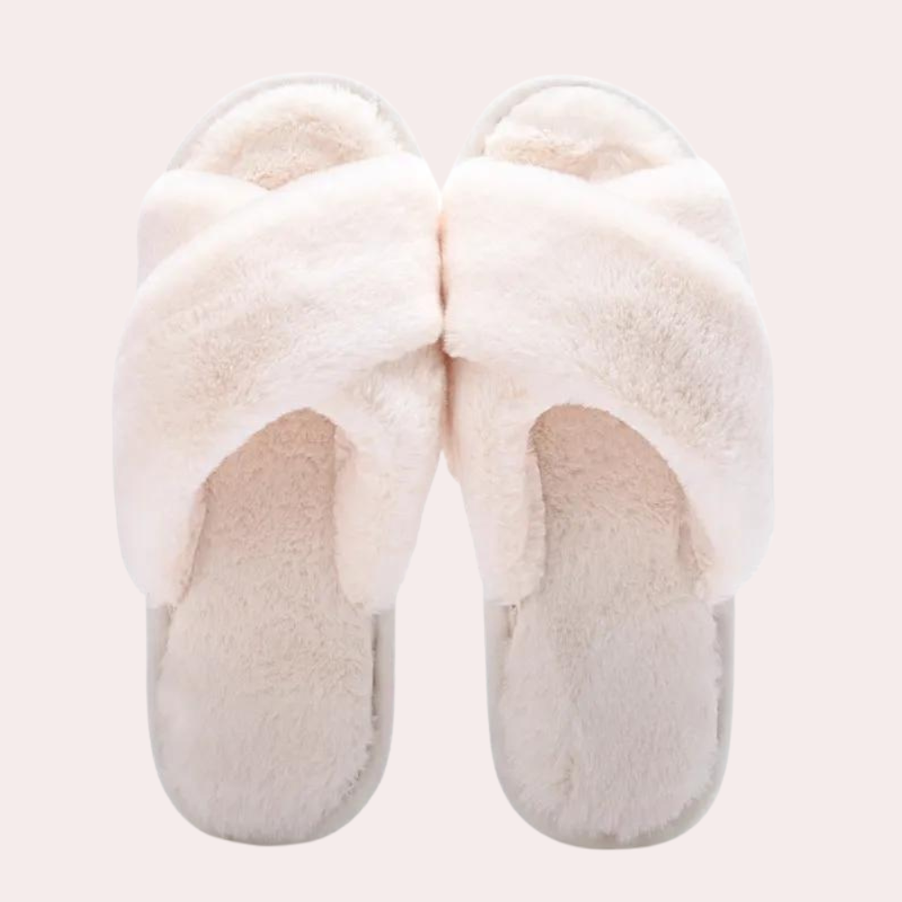 Witte pluche slippers met gekruiste bandjes, comfortabele damespantoffels, ideaal voor thuisgebruik, zachte en warme voering, antislip zool.