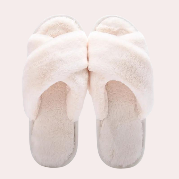 Witte pluche slippers met gekruiste bandjes, comfortabele damespantoffels, ideaal voor thuisgebruik, zachte en warme voering, antislip zool.