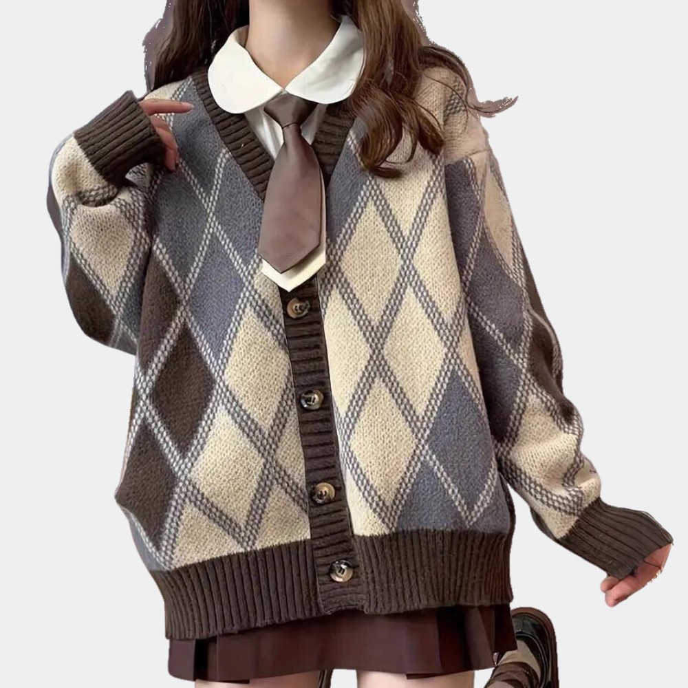 Dames oversized ruitjesvest in beige en bruin, met knopen en V-hals. Trendy herfstmode, perfect voor casual en stijlvolle outfits.