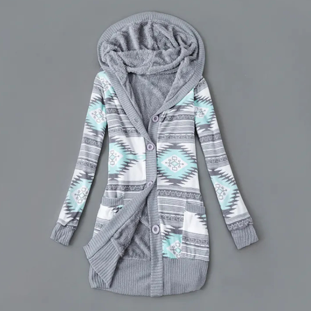 Grijze damesvest met capuchon, Azteekse print, knopen, lange mouwen, casual mode, comfortabele stof, trendy herfstkleding.