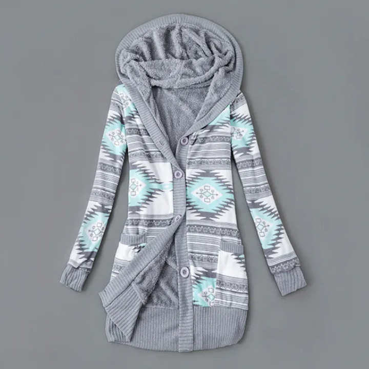 Grijze damesvest met capuchon, Azteekse print, knopen, lange mouwen, casual mode, comfortabele stof, trendy herfstkleding.